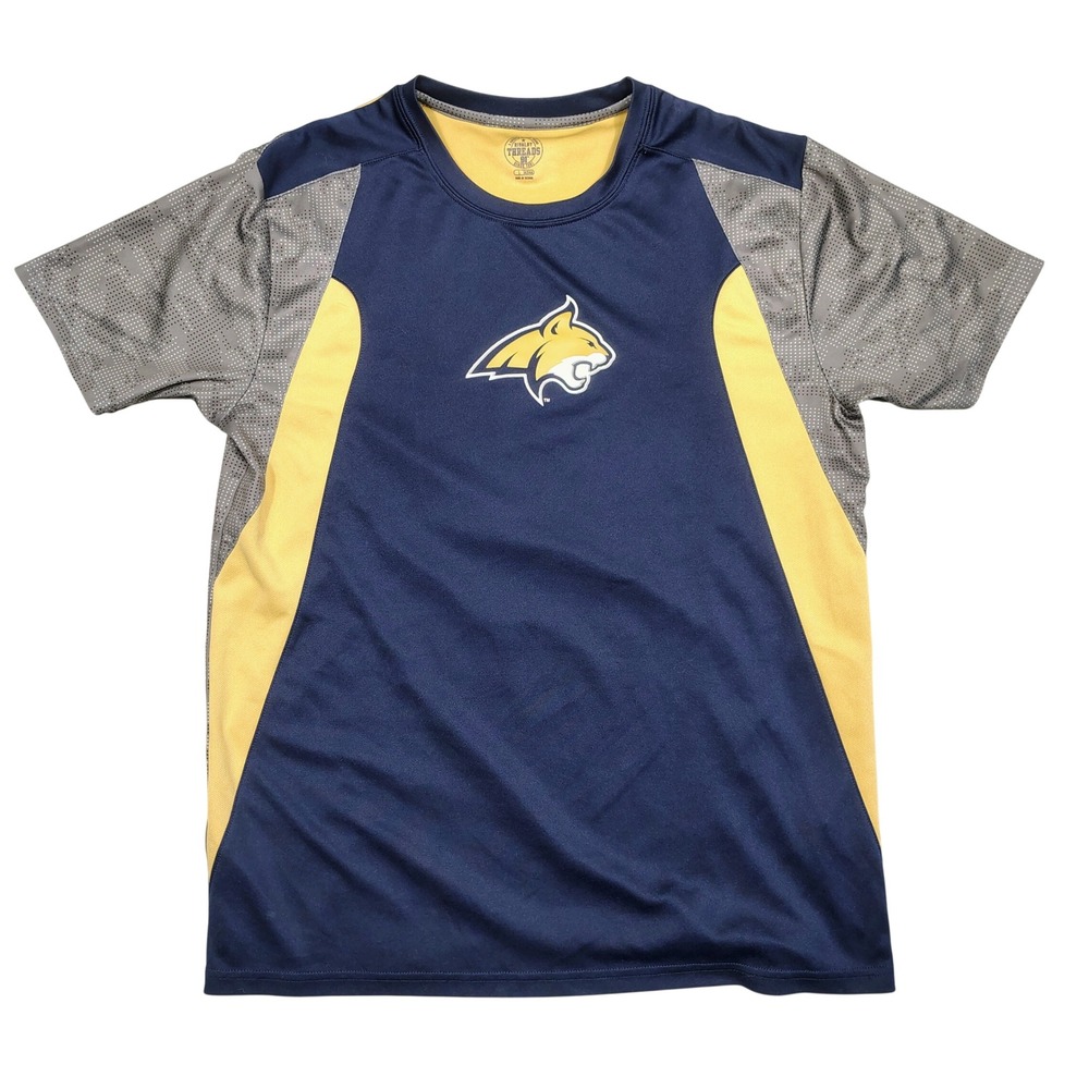 Montana State University Bobcats T-Shirt Mens Large Blue Yellow Graphic Poly